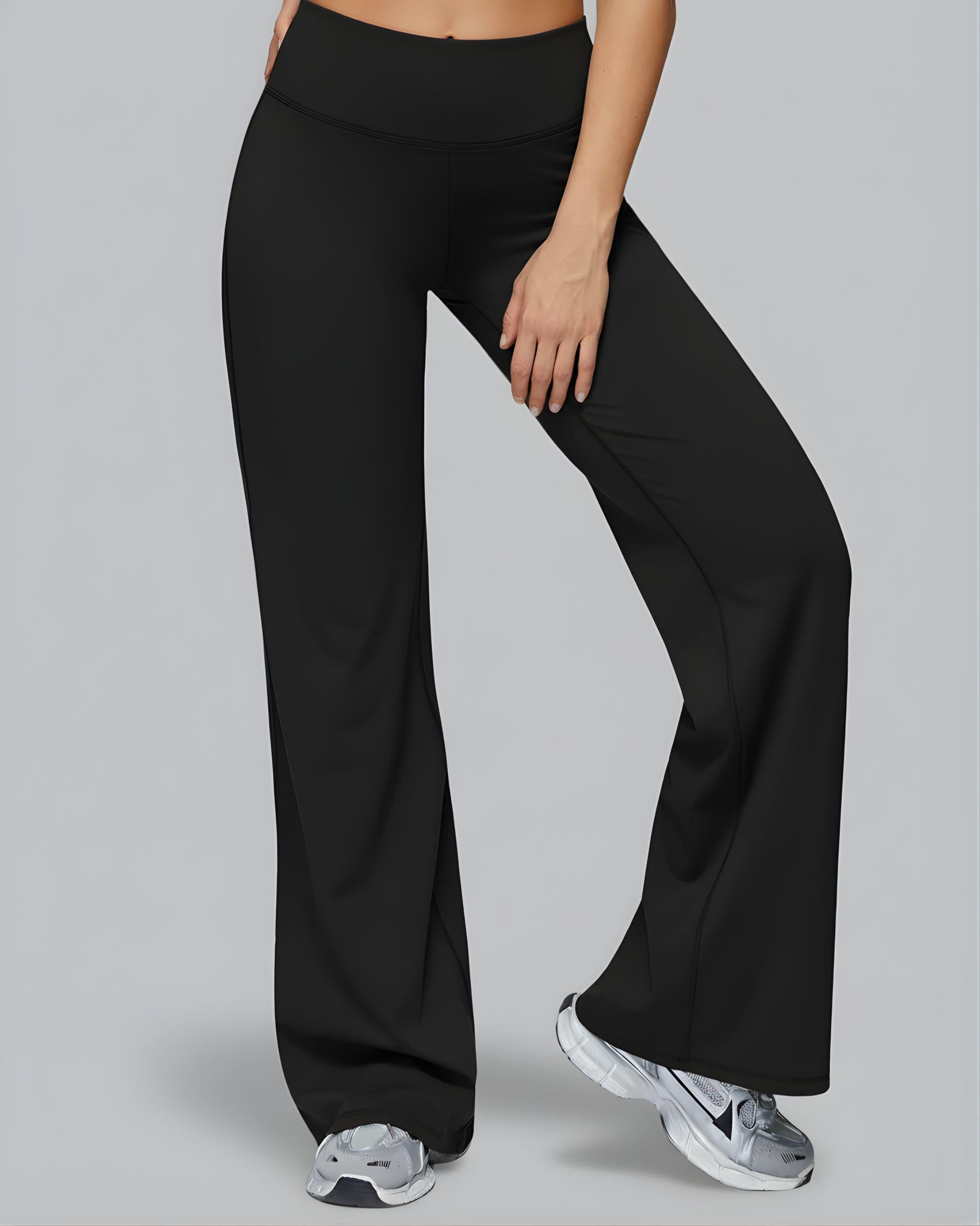 High-Waist Flare Leggings schwarz Hoher breiter Bund Figurbetont Nahaufnahme Seitenansicht Bequem Performance