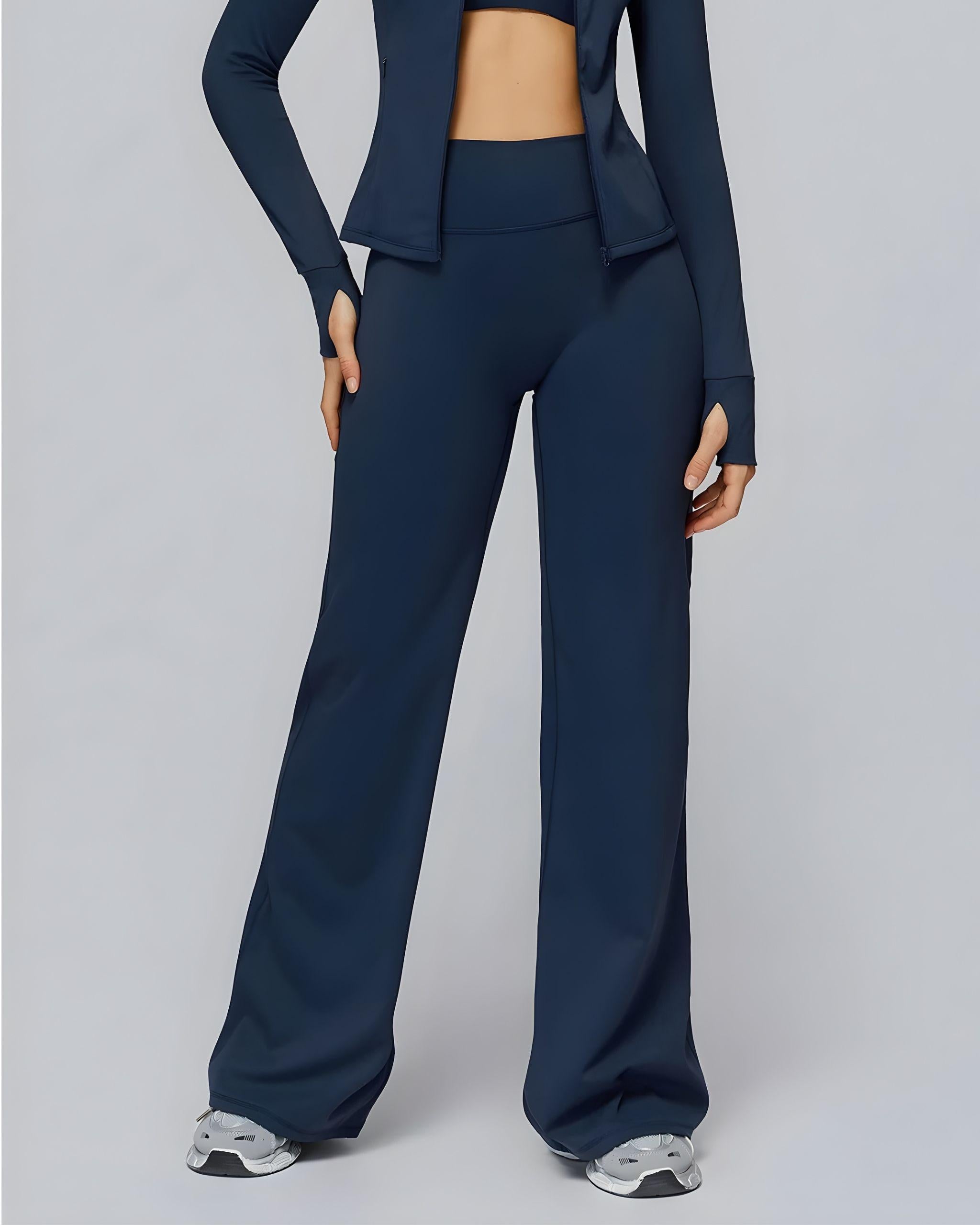 High-Waist Flare Leggings dunkelblau Figurbetont Hoher Bund Vorderansicht Seamless Style