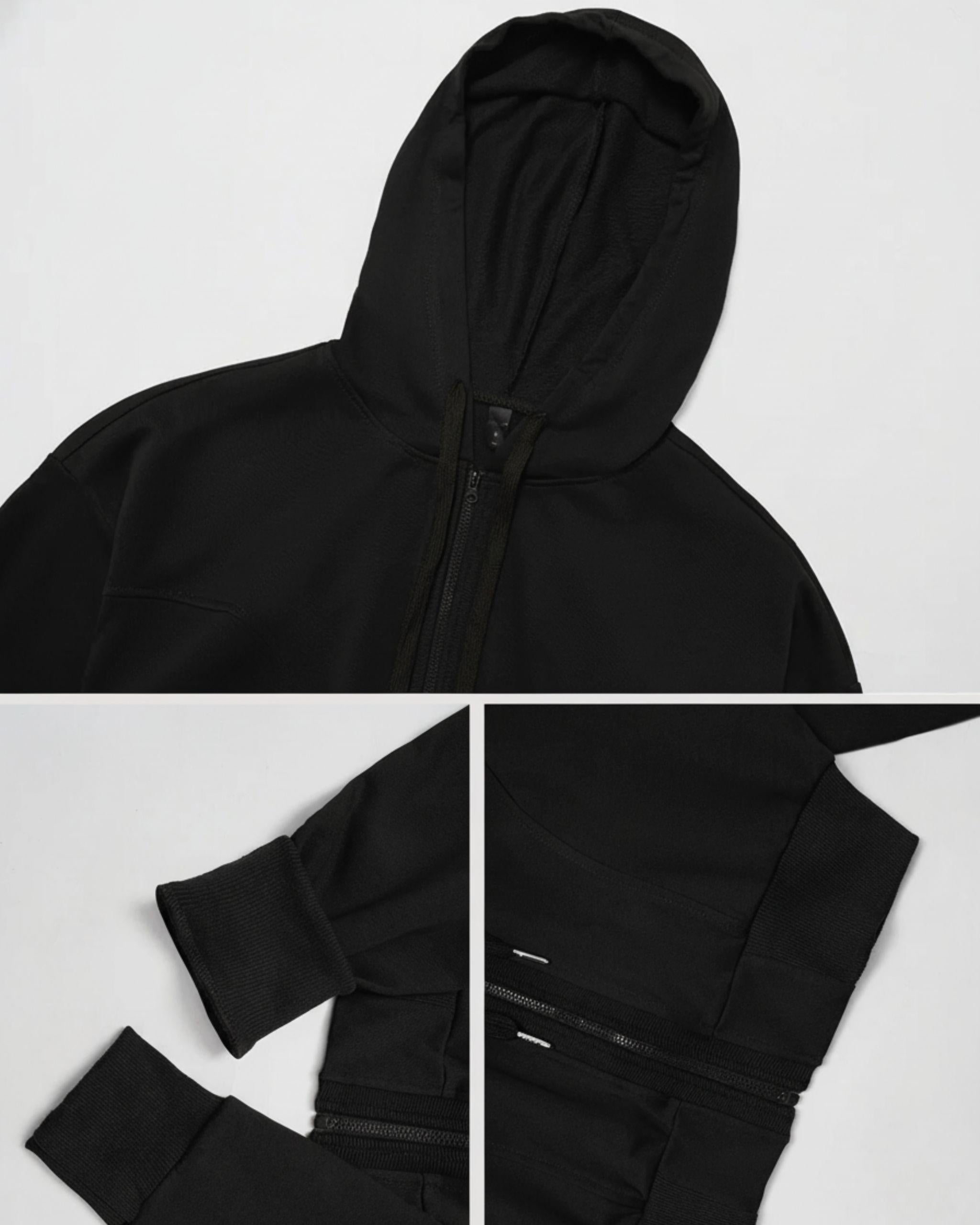 Detailaufnahme des schwarzen Premium Zip Hoodie: Kapuze, Reißverschluss und gerippter Bund.