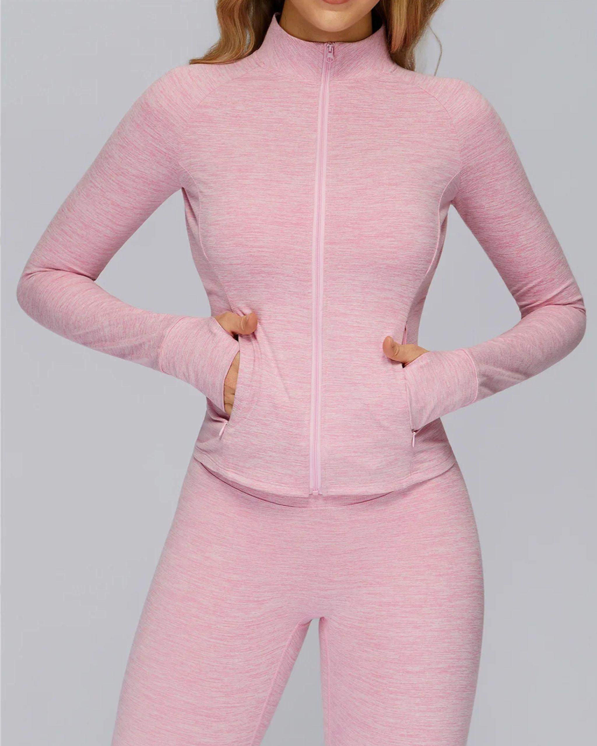 Rosa melierte Slim-Fit Sportjacke für Damen, Vorderansicht, durchgehender Reißverschluss geschlossen, Hände in den seitlichen Taschen, hoher Kragen - Ryze.