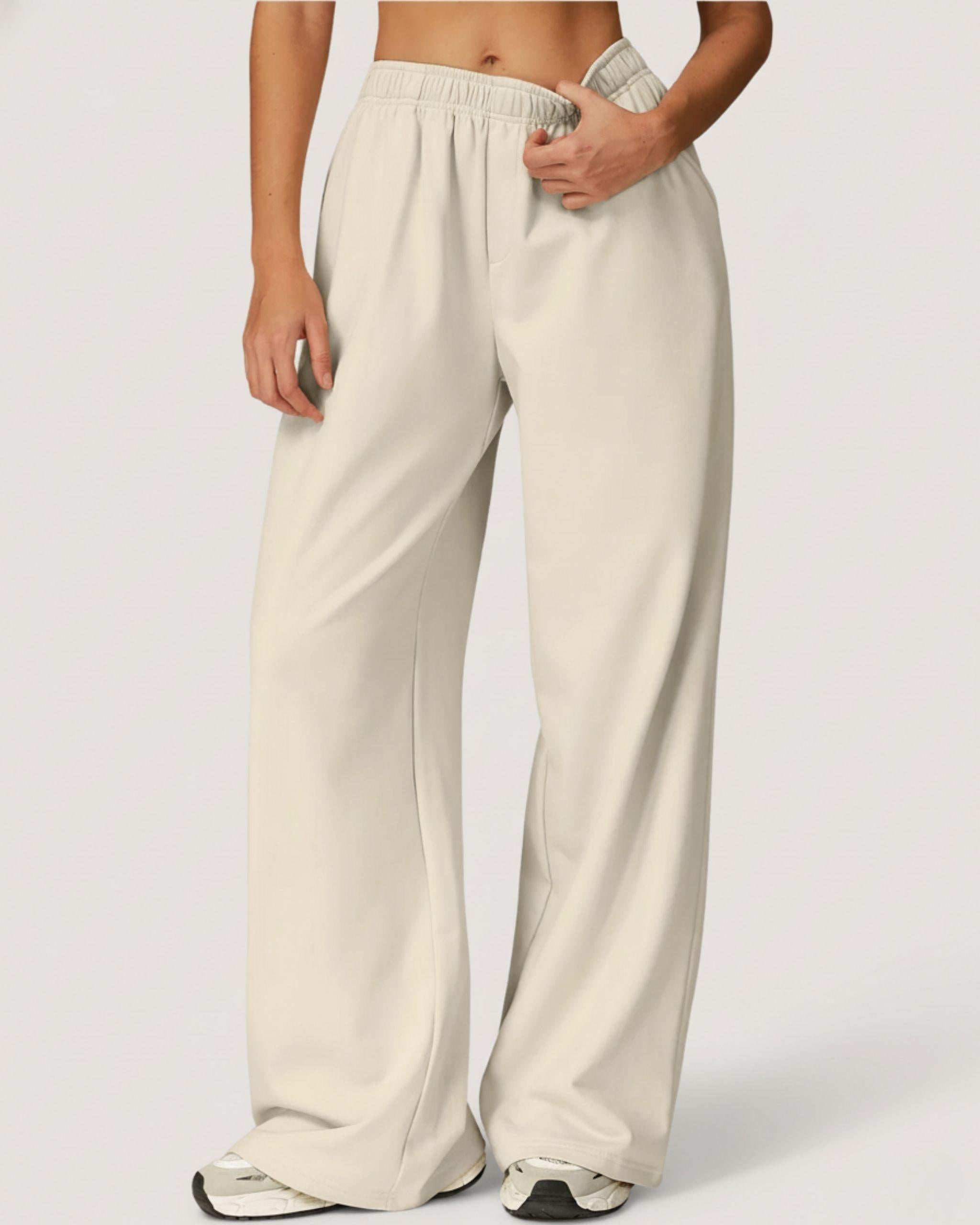 Cremefarbene High-Waist Wide Leg Hose für Damen, Vorderansicht, elastischer Komfortbund, sehr weites Bein (Palazzo-Stil), ideal für Yoga und Freizeit - Ryze.