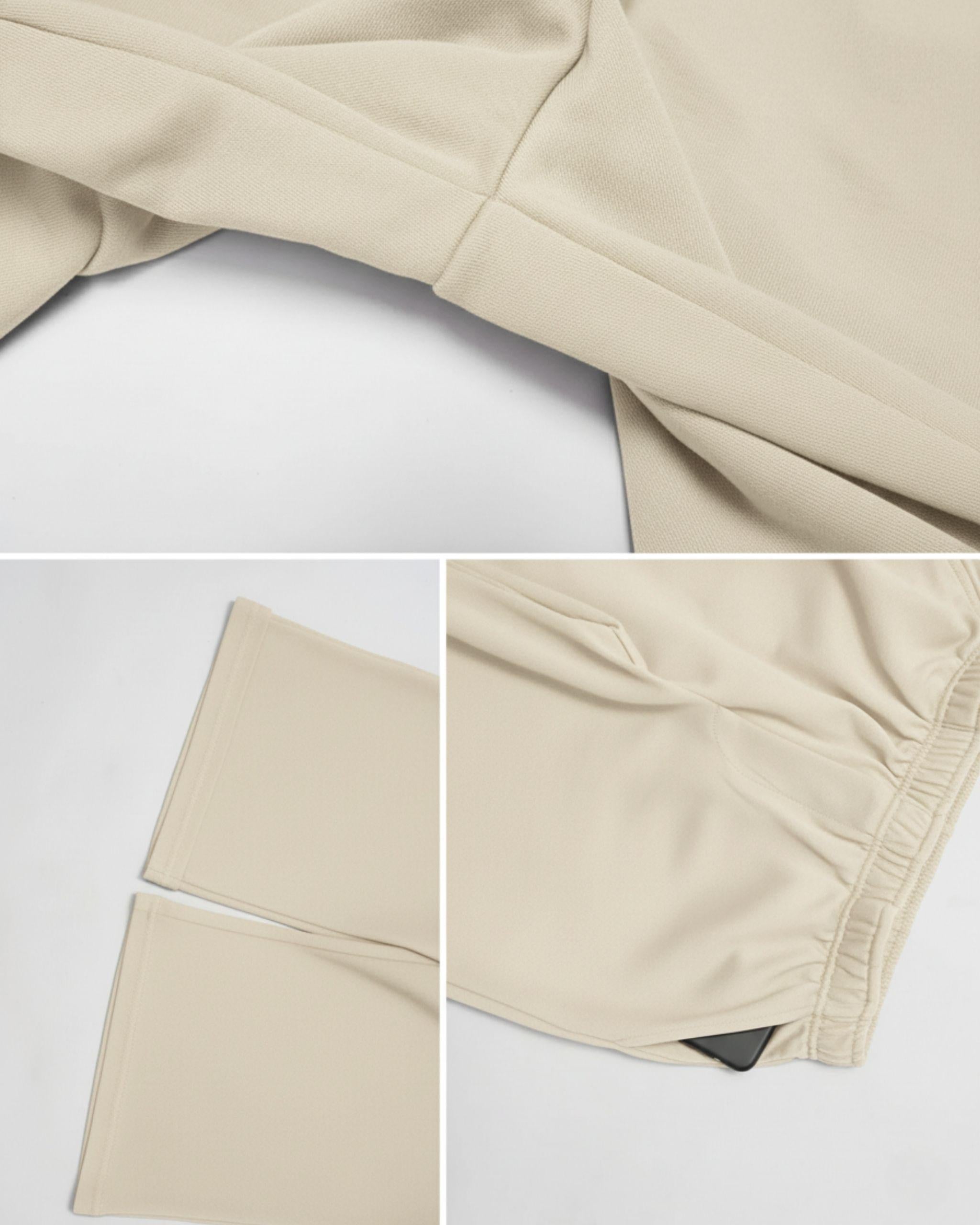 Detail-Collage der beigen Wide Leg Hose: Nahaufnahmen zeigen die hochwertige Nahtverarbeitung im Schrittbereich, den Saum des weiten Beins und die Stoffstruktur - Ryze.