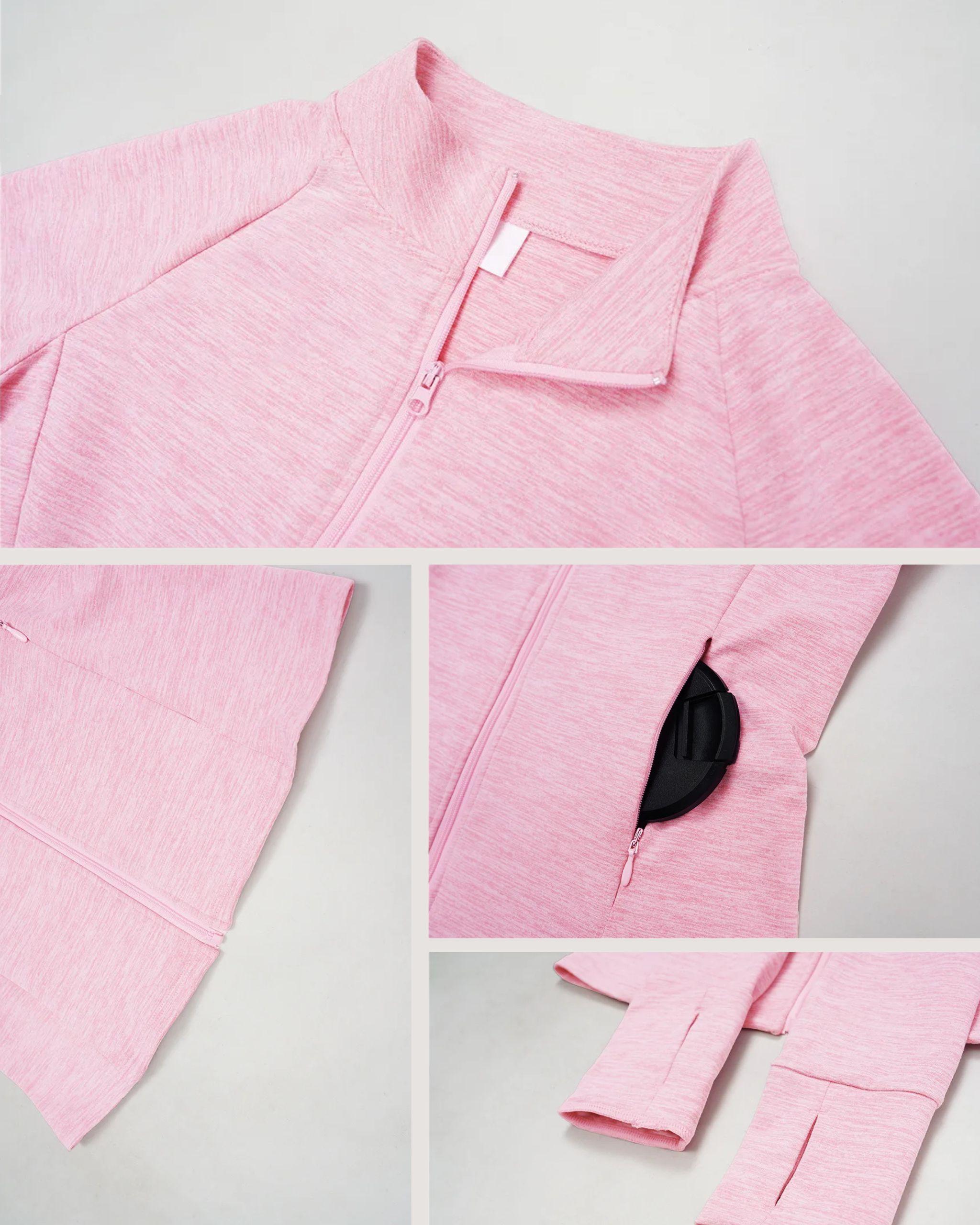 Detailansicht der rosa Sportjacke: Collage zeigt Reißverschluss-Kragen, Stoffstruktur, versteckte Seitentasche und Ärmelbündchen mit Daumenlöchern - Ryze.